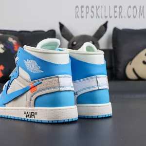 Off-White x Air Jordan 1 Retro High OG UNC heel detail featuring Air Jordan Wings logo and Off-White inspired layered construction