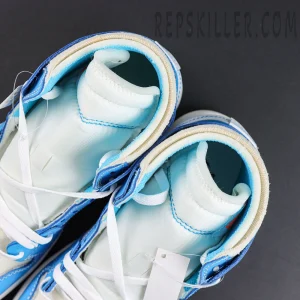 Off-White x Air Jordan 1 Retro High OG UNC collar and tongue detail showcasing exposed stitching and deconstructed elements