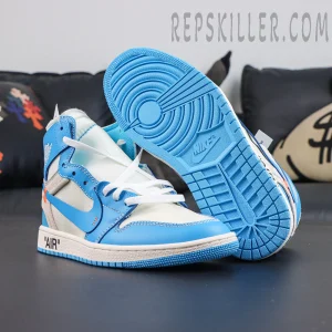 Off-White x Air Jordan 1 Retro High OG UNC outsole view featuring University Blue rubber sole and classic Air Jordan traction pattern
