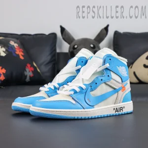 Off-White x Air Jordan 1 Retro High OG UNC pair display featuring blue and white colorway with Virgil Abloh’s signature design language