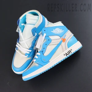 Off-White x Air Jordan 1 Retro High OG UNC top view featuring deconstructed lacing system and translucent upper details