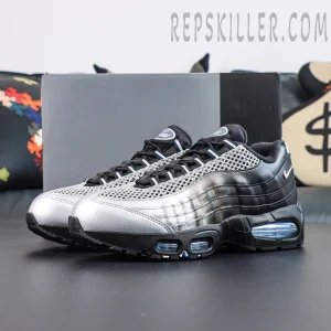 Palace x Nike Air Max 95 “Big Bubble - Metallic Silver” front angle showcasing the metallic silver toe, black upper, and collaborative presentation with the original shoe box