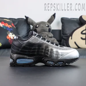 Palace x Nike Air Max 95 “Big Bubble - Metallic Silver” lateral side view featuring a metallic silver to black gradient upper with signature wavy panels and Big Bubble Air cushioning