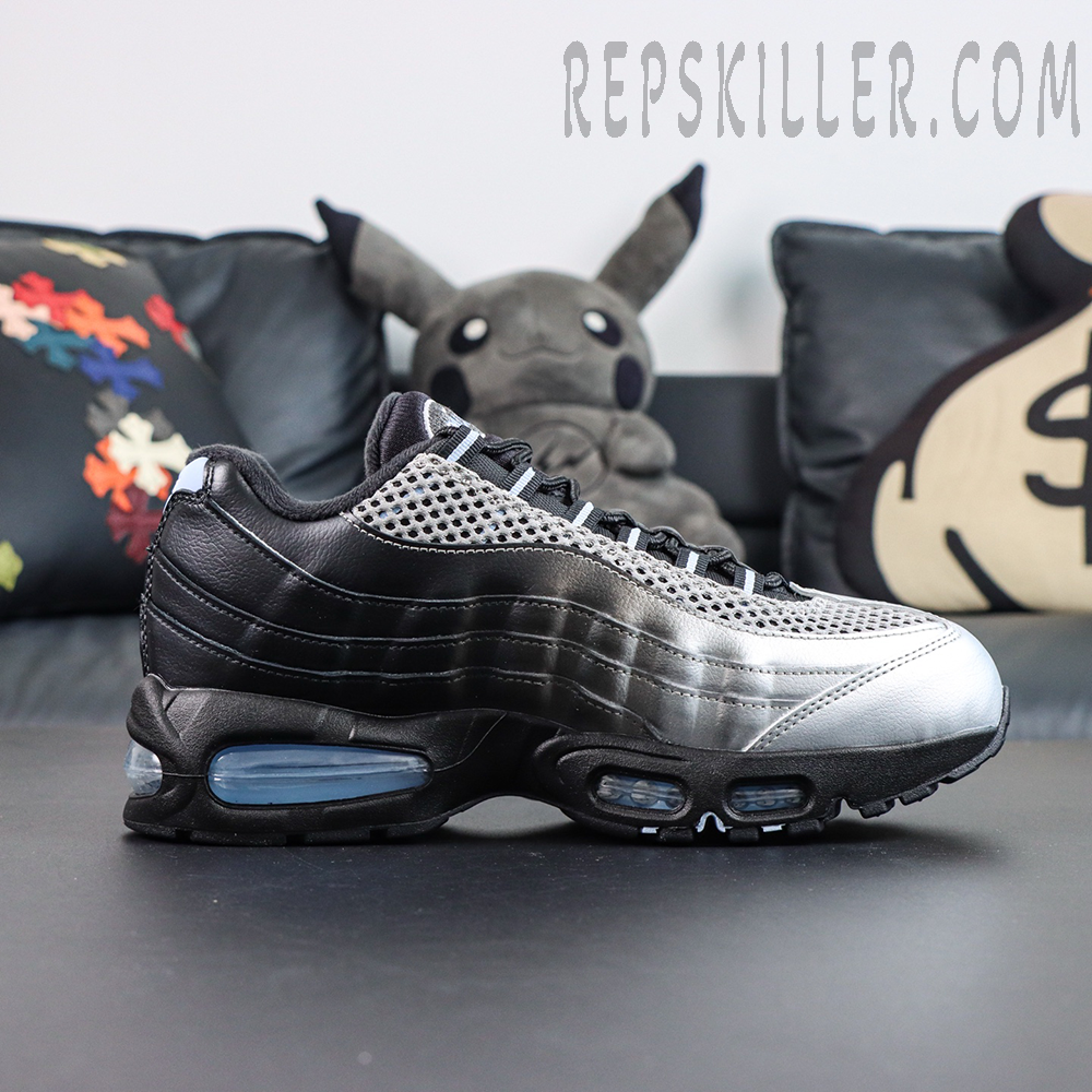 Palace x Nike Air Max 95 “Big Bubble - Metallic Silver” lateral side view featuring a metallic silver to black gradient upper with signature wavy panels and Big Bubble Air cushioning