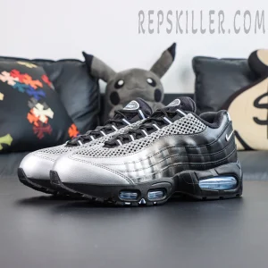 Palace x Nike Air Max 95 “Big Bubble - Metallic Silver” angled view featuring metallic silver gradient leather, black mesh, and blue visible Air cushioning