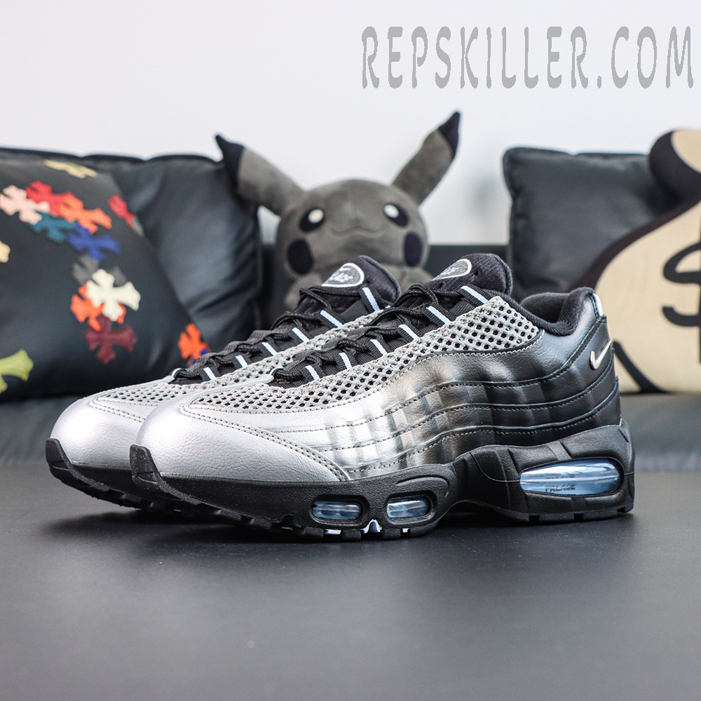 Palace x Nike Air Max 95 “Big Bubble - Metallic Silver” angled view featuring metallic silver gradient leather, black mesh, and blue visible Air cushioning