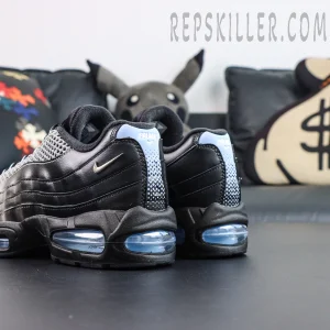Palace x Nike Air Max 95 “Big Bubble - Metallic Silver” heel detail featuring the blue gradient Palace heel tab, mini Swoosh, and visible Air Max cushioning