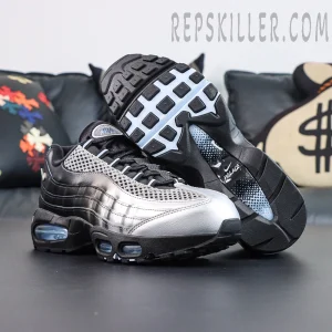 Palace x Nike Air Max 95 “Big Bubble - Metallic Silver” outsole view featuring a black rubber outsole, Palace branded midfoot shank, and Big Bubble Air cushioning