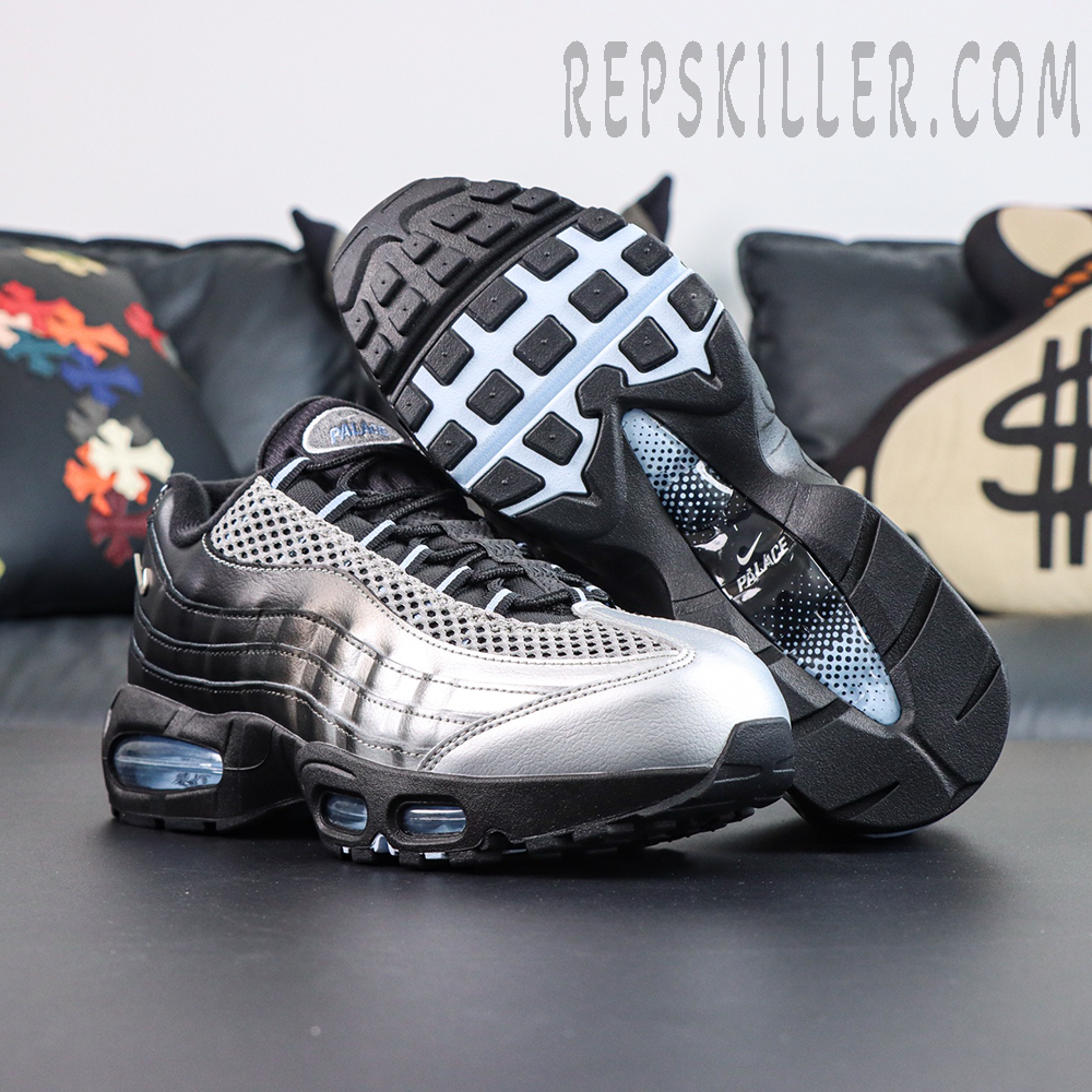Palace x Nike Air Max 95 “Big Bubble - Metallic Silver” outsole view featuring a black rubber outsole, Palace branded midfoot shank, and Big Bubble Air cushioning