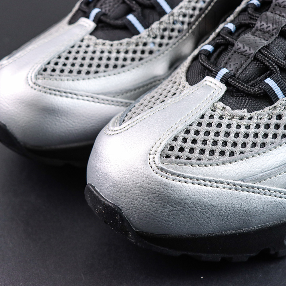 Palace x Nike Air Max 95 “Big Bubble - Metallic Silver” toe detail featuring metallic silver leather, breathable mesh panels, and premium stitched construction