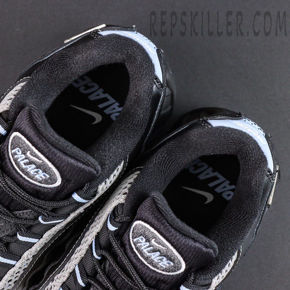 Palace x Nike Air Max 95 “Big Bubble - Metallic Silver” collar and tongue detail featuring the embroidered Palace tongue logo and padded black lining