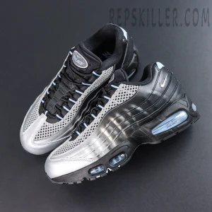 Palace x Nike Air Max 95 “Big Bubble - Metallic Silver” top view featuring the metallic silver and black upper, Palace tongue branding, and the classic Air Max lacing system
