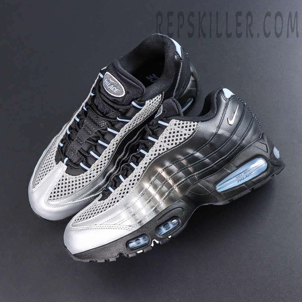 Palace x Nike Air Max 95 “Big Bubble - Metallic Silver” top view featuring the metallic silver and black upper, Palace tongue branding, and the classic Air Max lacing system