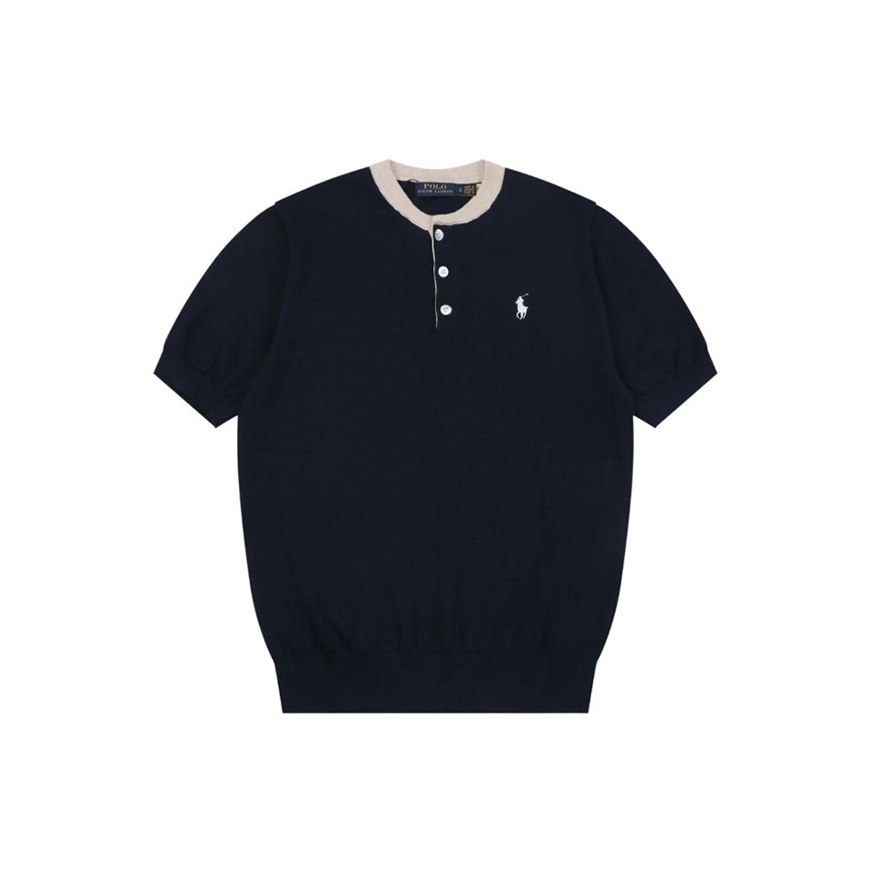 Ralph Lauren Pony Jacquard Henley Knit T-Shirt Black Front view
