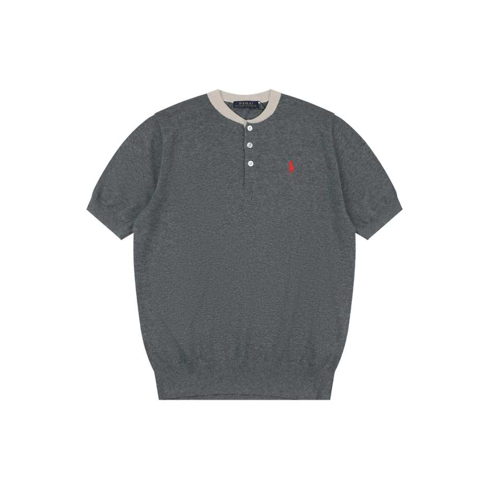 Ralph Lauren Pony Jacquard Henley Knit T-Shirt Grey Front view