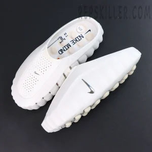 Nike WMNS Mind 001 “Summit White” top view featuring a one-piece white construction, metallic Swoosh, and a cushioned footbed for everyday comfort