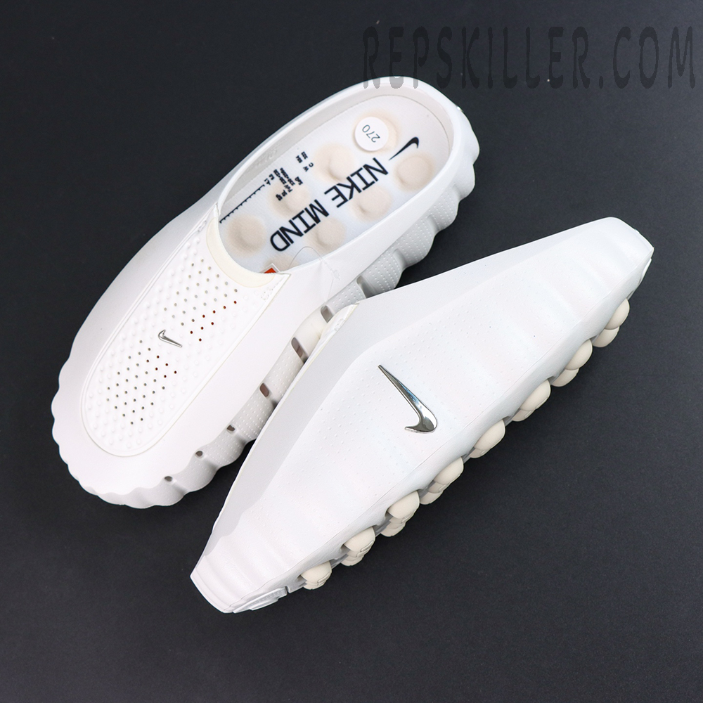 Nike WMNS Mind 001 “Summit White” top view featuring a one-piece white construction, metallic Swoosh, and a cushioned footbed for everyday comfort