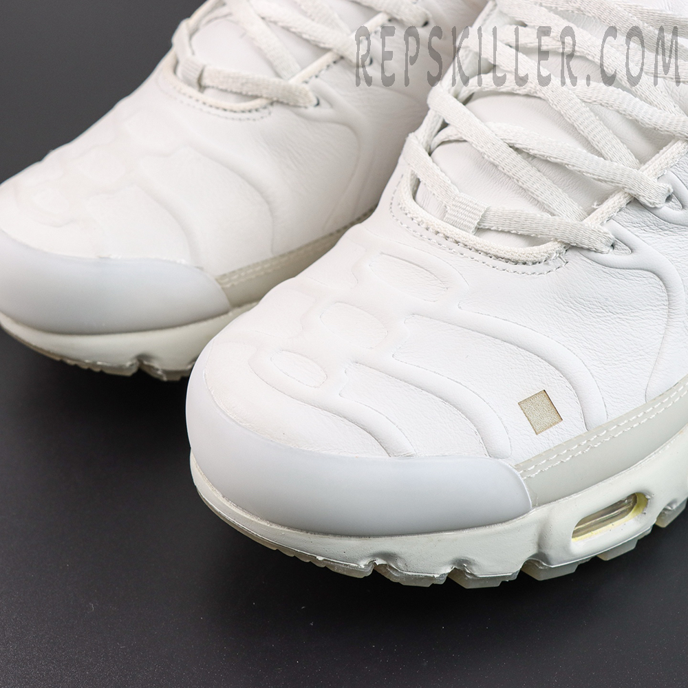 A-COLD-WALL x Nike Air Max Plus ‘Platinum Tint’ toe box close-up featuring textured white leather, embossed wave patterns, square accents, and a protective toe cap