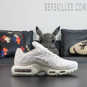A-COLD-WALL x Nike Air Max Plus ‘Platinum Tint’ side view featuring a white leather upper, mini Swoosh, ACW detailing, and visible Max Air cushioning