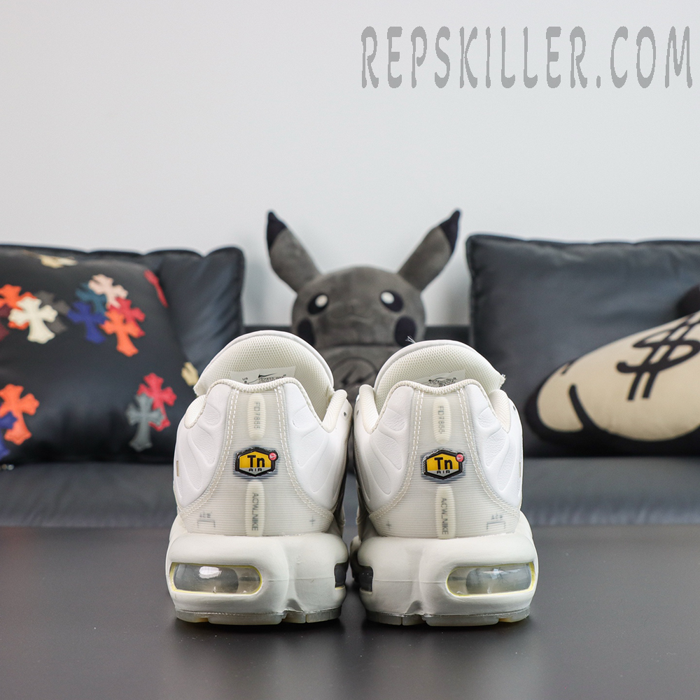 A-COLD-WALL x Nike Air Max Plus ‘Platinum Tint’ heel view featuring translucent off-white panels, Tn Air branding, and large visible Air units