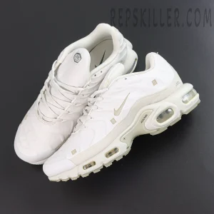 A-COLD-WALL x Nike Air Max Plus ‘Platinum Tint’ top view featuring a platinum white leather upper, off-white details, mini Swoosh, and visible Air cushioning