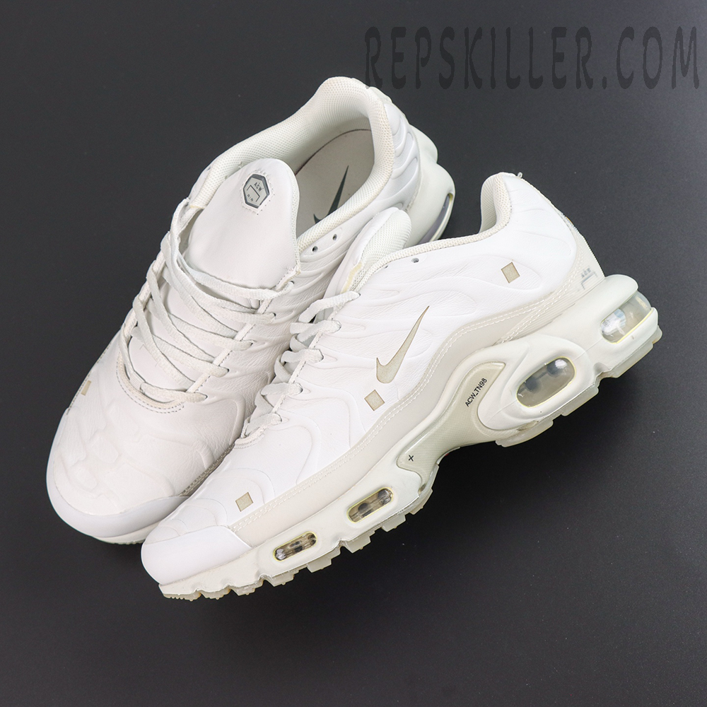 A-COLD-WALL x Nike Air Max Plus ‘Platinum Tint’ top view featuring a platinum white leather upper, off-white details, mini Swoosh, and visible Air cushioning