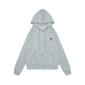 AMI de Coeur Embroidered Zip-Up Hoodie Grey Front view