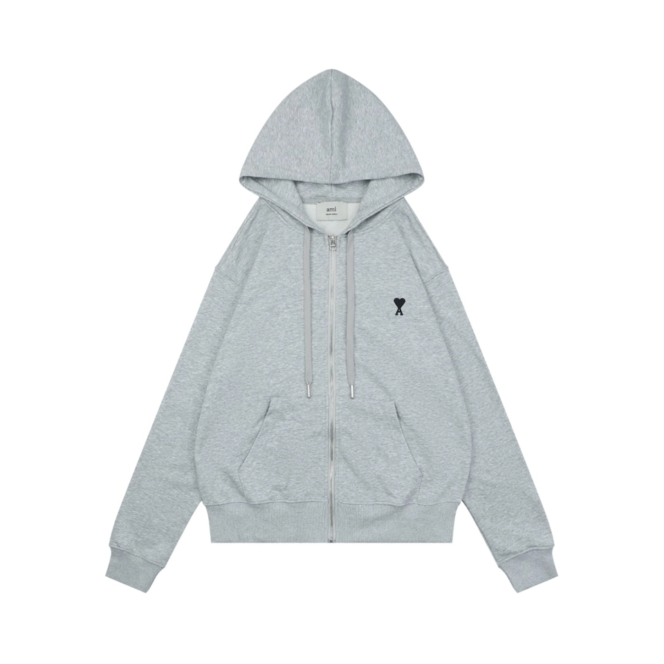 AMI de Coeur Embroidered Zip-Up Hoodie Grey Front view