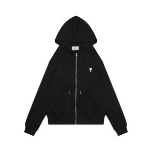 AMI de Coeur Embroidered Zip-Up Hoodie Black Front view