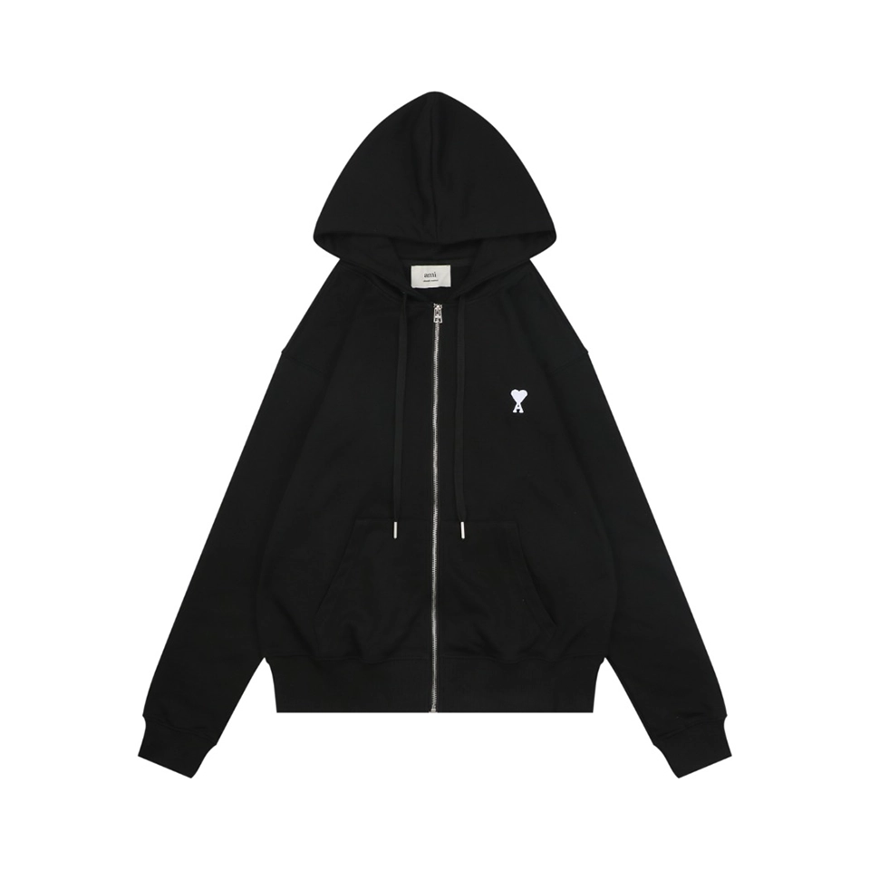 AMI de Coeur Embroidered Zip-Up Hoodie Black Front view