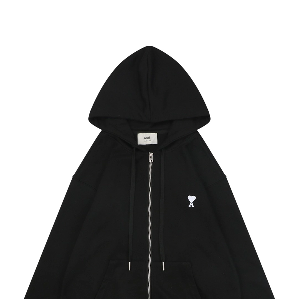 AMI de Coeur Embroidered Zip-Up Hoodie Black