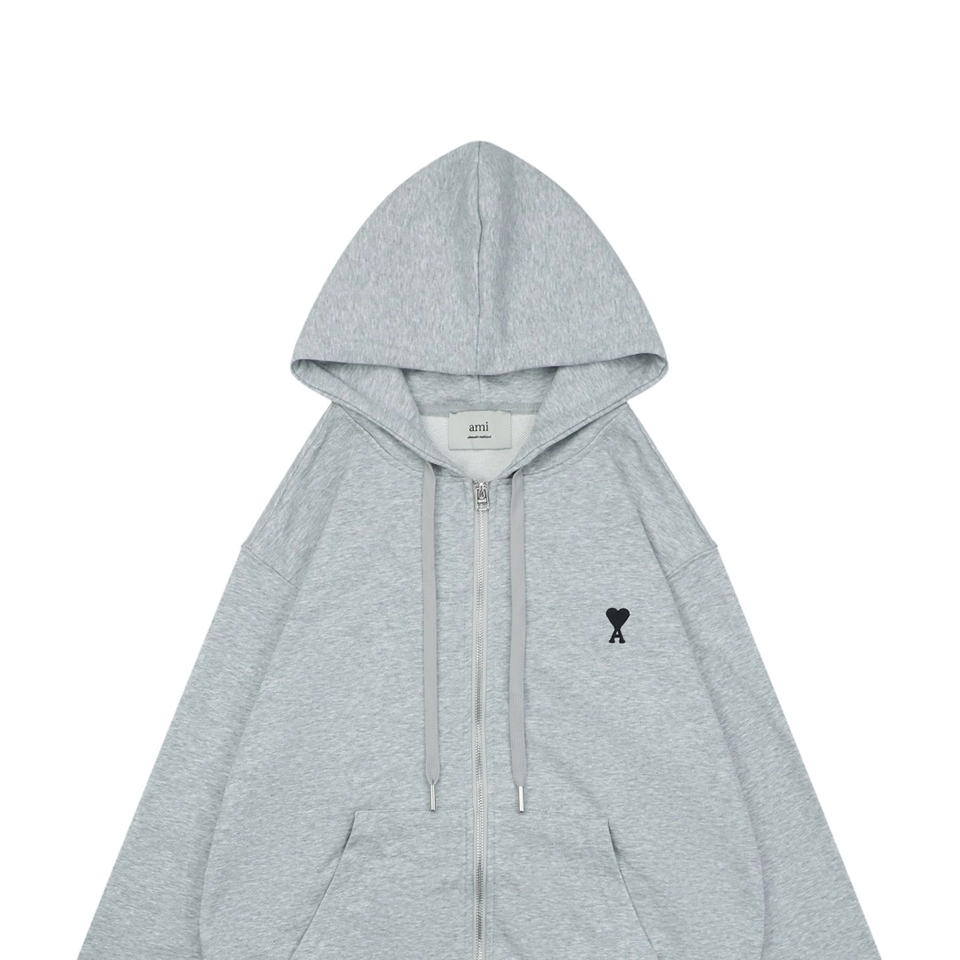 AMI de Coeur Embroidered Zip-Up Hoodie Grey