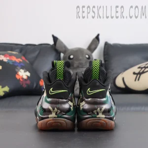 Nike Air Foamposite Pro ‘Green Camo’ rear view featuring camouflage shell, black collar, neon green Nike Swoosh and heel pull tabs