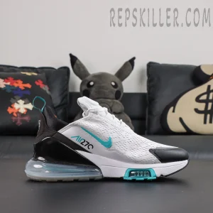 Nike Air Max 270 ‘Dusty Cactus’ full side view featuring a white upper, black heel counter and Dusty Cactus turquoise accents