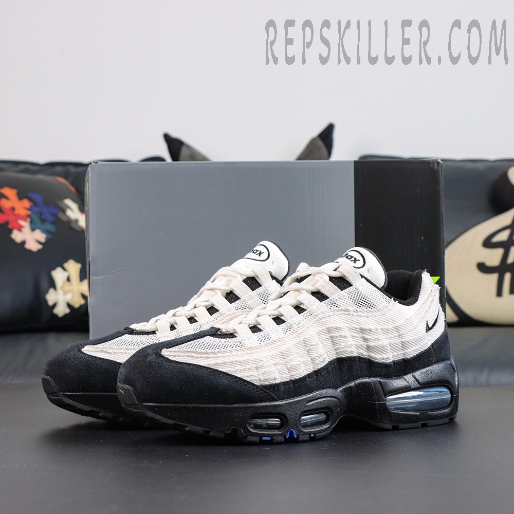 Nike Air Max 95 ‘Big Bubble - Family Reunion France’ front side view featuring white layered panels and contrasting black suede toe detailing