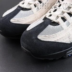 Nike Air Max 95 ‘Big Bubble - Family Reunion France’ toe close-up featuring black suede overlays and white mesh construction