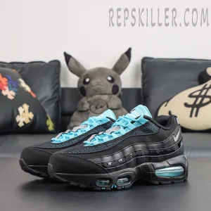 Nike Air Max 95 ‘Big Bubble - Scorpion’ angled pair view featuring glossy layered side panels and icy blue Air cushioning details