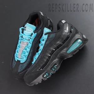 Nike Air Max 95 ‘Big Bubble - Scorpion’ top view featuring the icy blue lacing system, breathable mesh upper and layered black construction