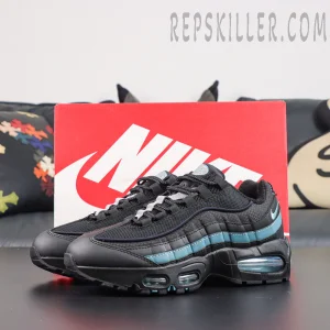 Nike Air Max 95 ‘Smokey Blue’ pair with red Nike shoebox featuring a layered black upper, smoky blue accents, and blue-tinted visible Air cushioning