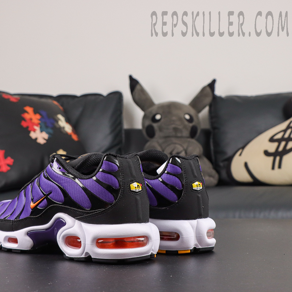 Nike Air Max Plus OG ‘Voltage Purple’ rear angle view featuring a purple and black color scheme with a white midsole and red Max Air cushioning windows