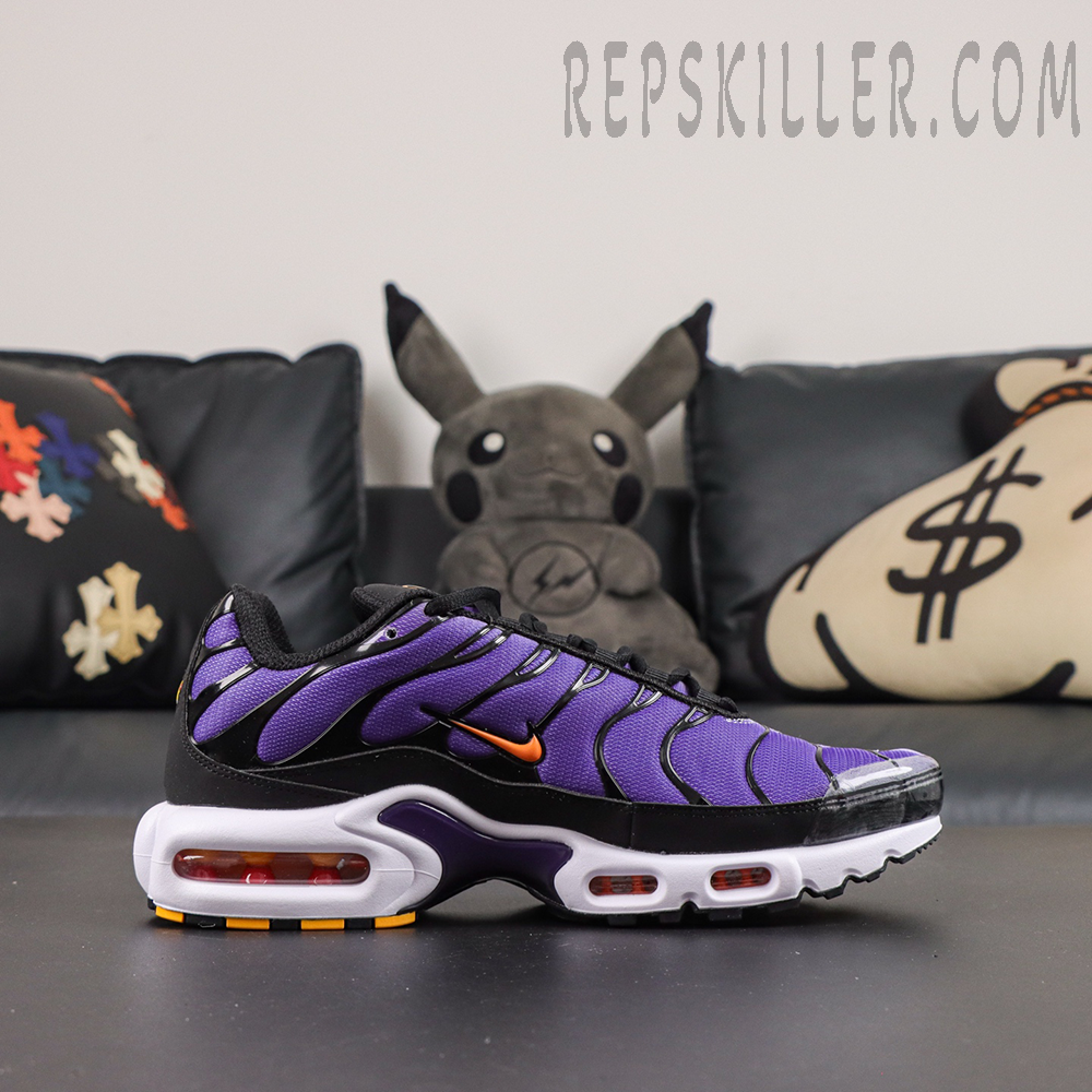Nike Air Max Plus OG ‘Voltage Purple’ single shoe side view featuring a purple upper, white Air Max Plus midsole, and orange cushioning details