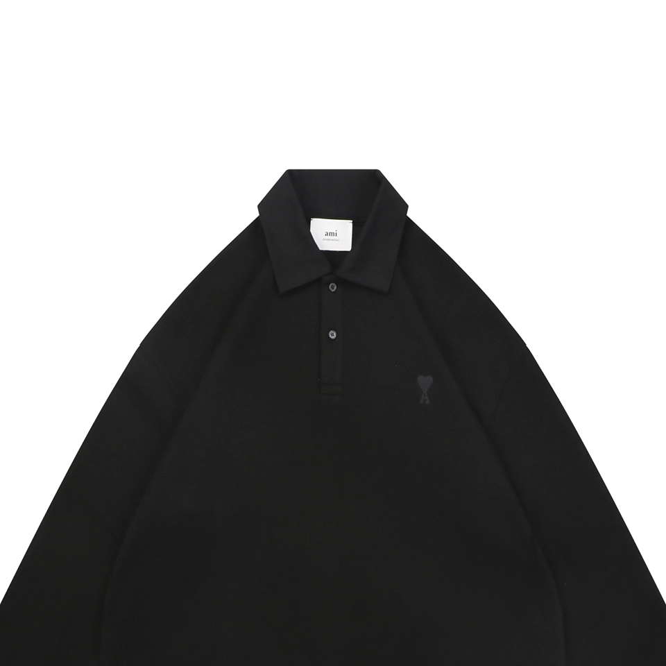Ami Hidden Heart Logo Oversized Polo Shirt Black