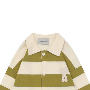 Ami Paris Heart Patch Striped Polo Knit Cardigan Green