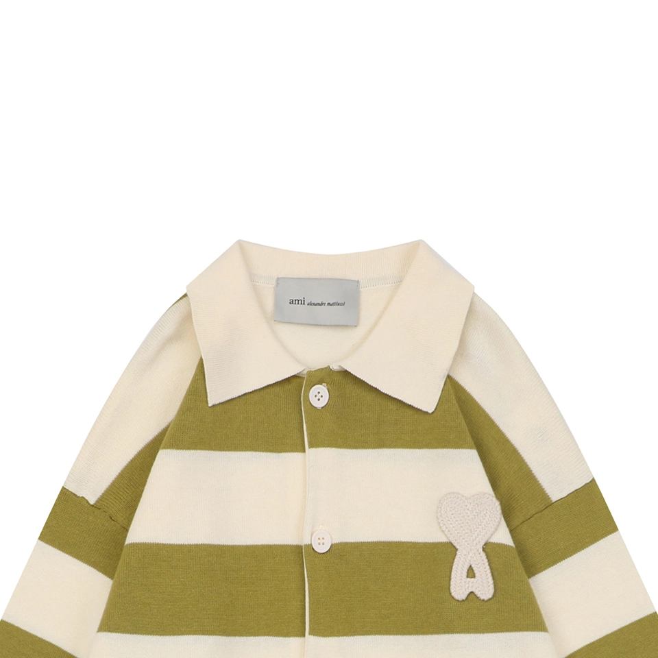 Ami Paris Heart Patch Striped Polo Knit Cardigan Green