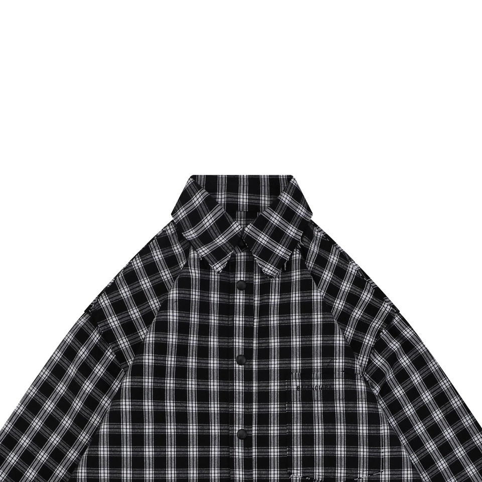 Balenciaga Black & White Plaid Distressed Raw Hem Shirt