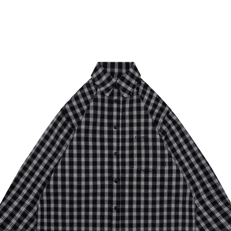 Balenciaga Black & White Plaid Distressed Raw Hem Shirt