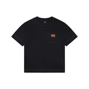 Fendi Leather Logo Pocket Contrast Stitch T-Shirt Black Front view