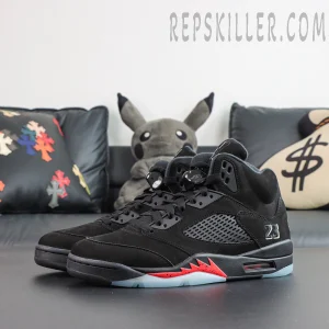 Air Jordan 5 Retro ‘Halloween’ featuring a black upper with silver mesh panels, red shark tooth accents and icy translucent outsole