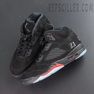 Air Jordan 5 Retro ‘Halloween’ top view featuring black laces, Jumpman tongue branding and a dark themed colorway