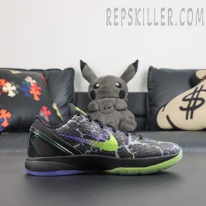 Nike Kobe 6 Protro ‘Coals’ side profile featuring a black textured upper with volt green Swoosh and purple accents